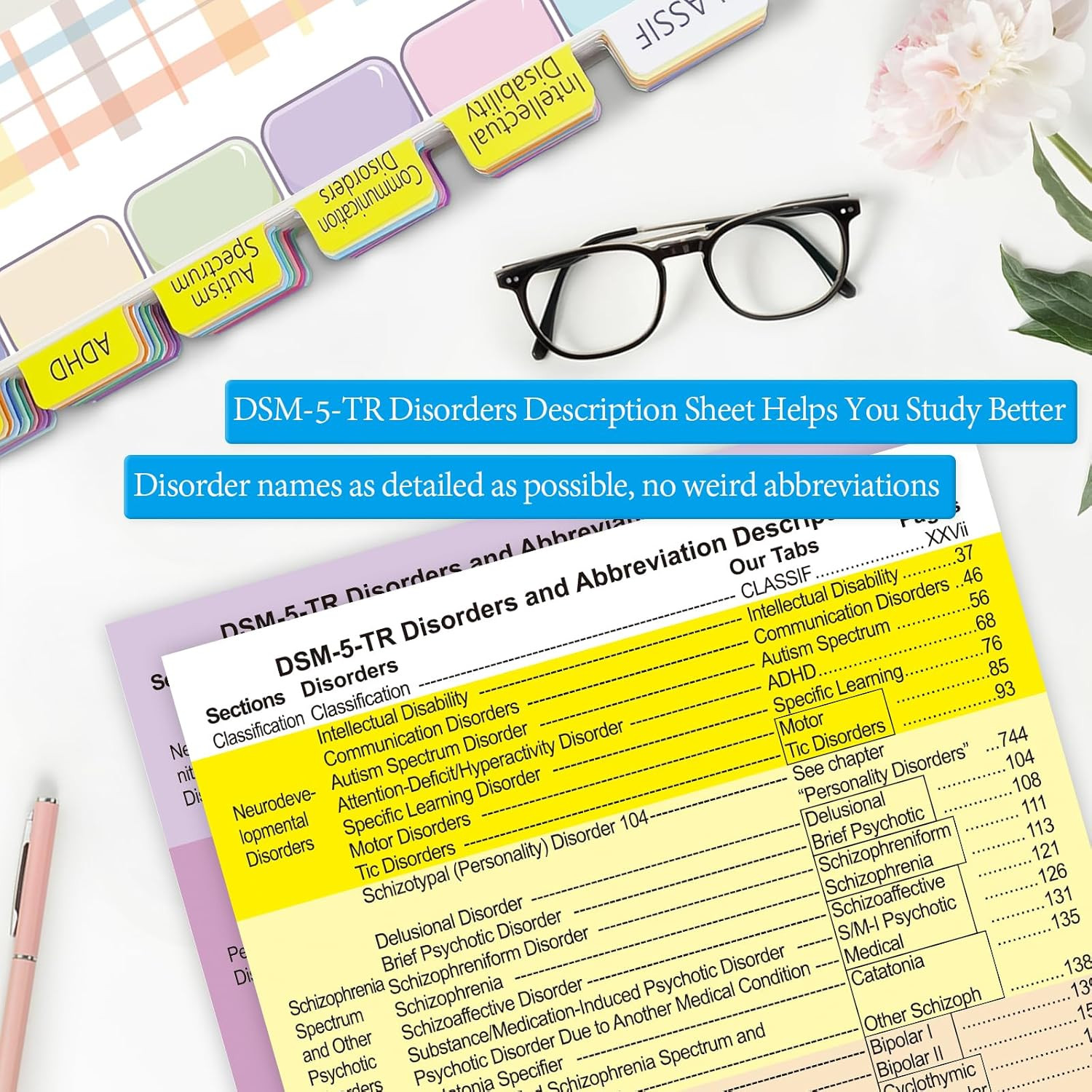 Upgraded DSM-5-TR Index Tabs 100pcs with Alignment Guide & Disorders Description