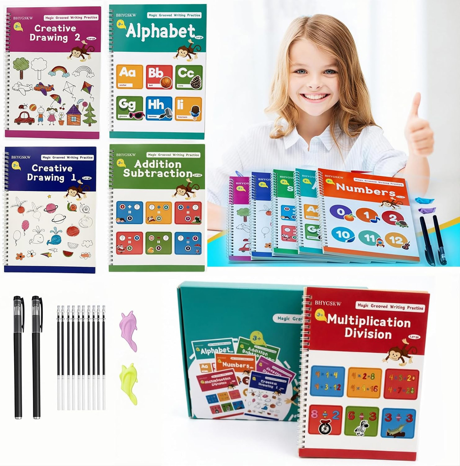 Kids handwriting practice books with grooved pathways for easy letter and number