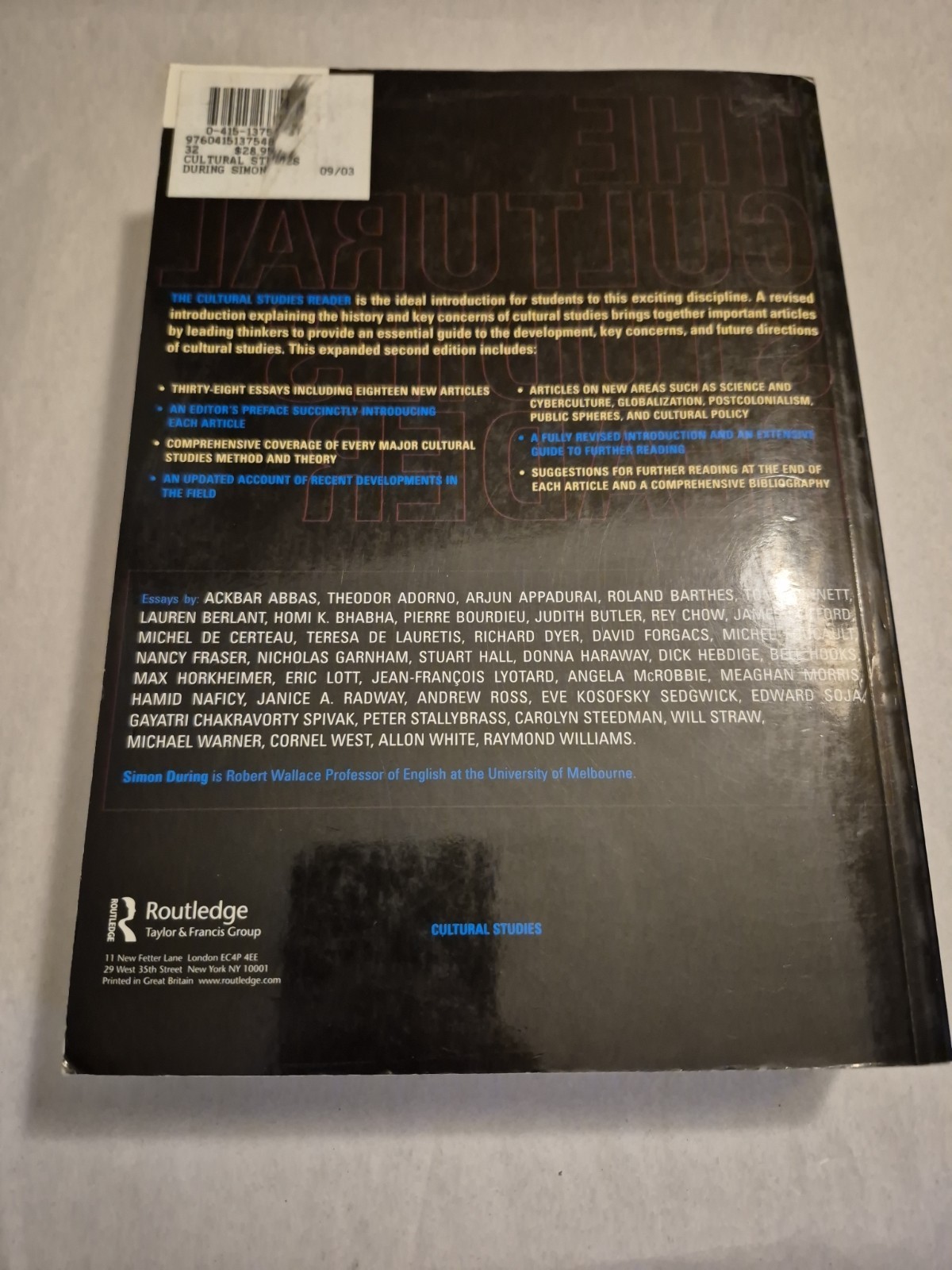 Cultural Studies Reader Simon During Routledge TPB Theory Criticism Philosophy
