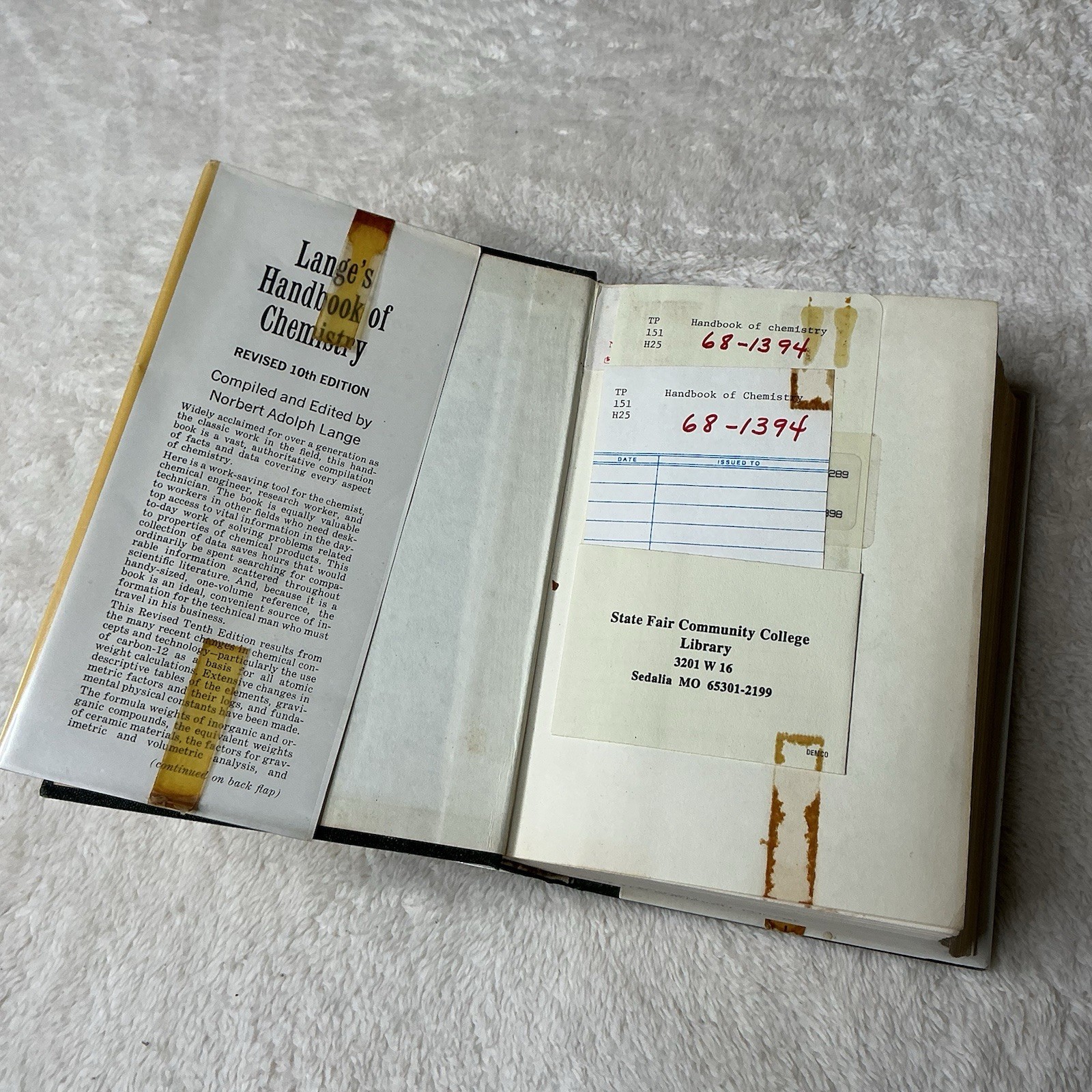 Lange&rsquo;s Handbook of Chemistry Revised 10th Edition by N.A. Lange 1967, Hardcover