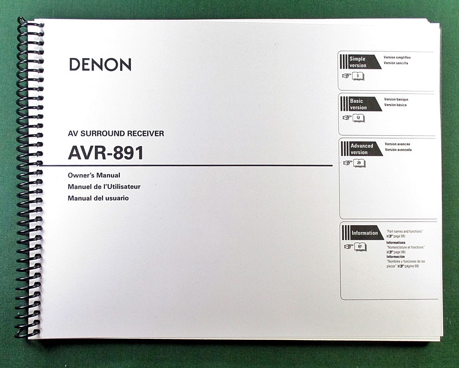 Denon AVR-891 Instruction Manual: Full 88 Pages & Protective Covers!