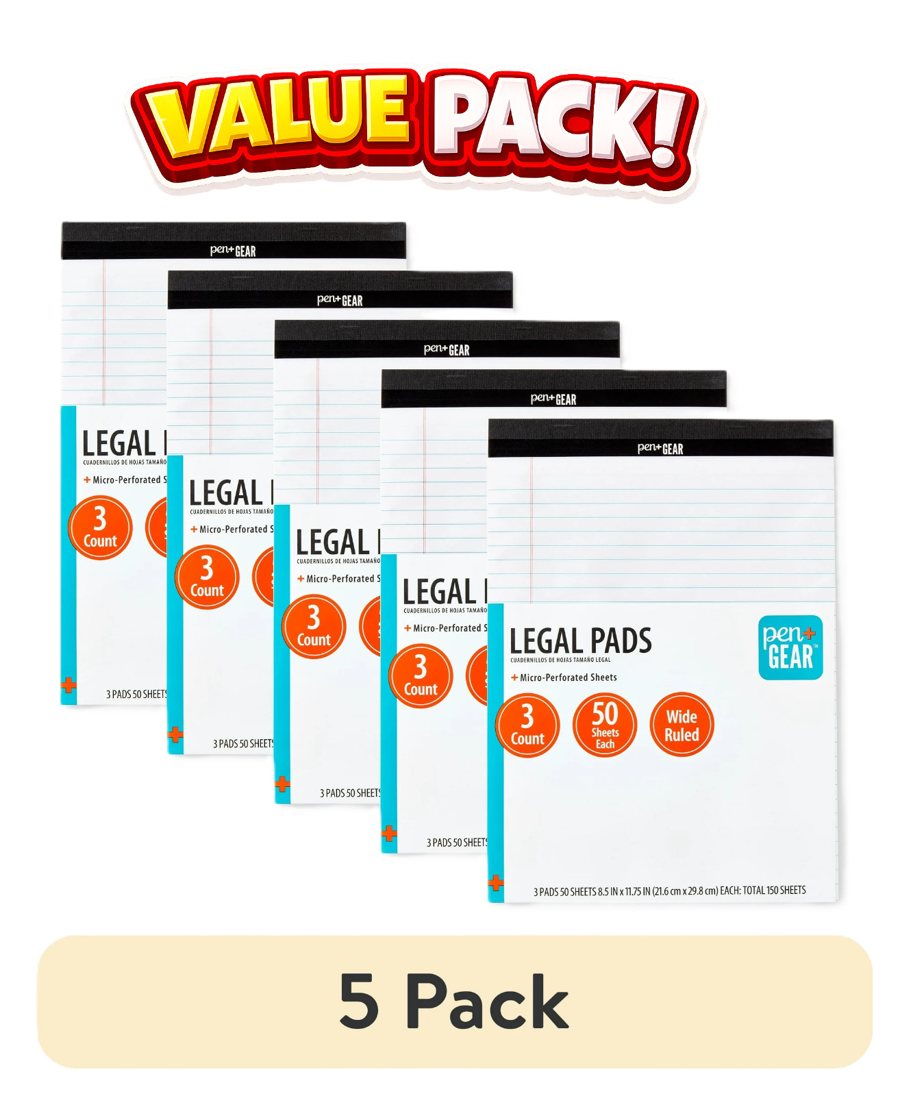 (5 pack) Pen+Gear Wide Ruled Perforated Legal Pad, 8.5&Prime; x 11.75&Prime;, 3x 50 Sheets