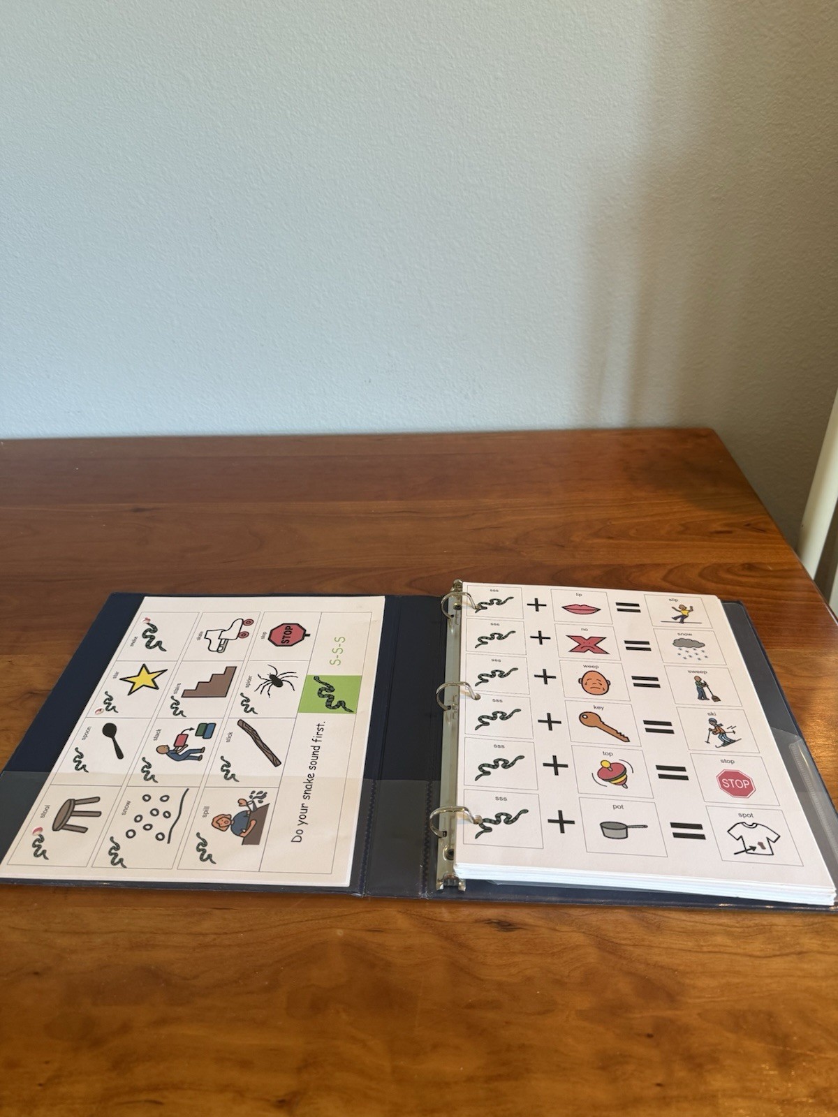 Speech therapy materials for S blends, color printed on cardstock, 3 ring binder