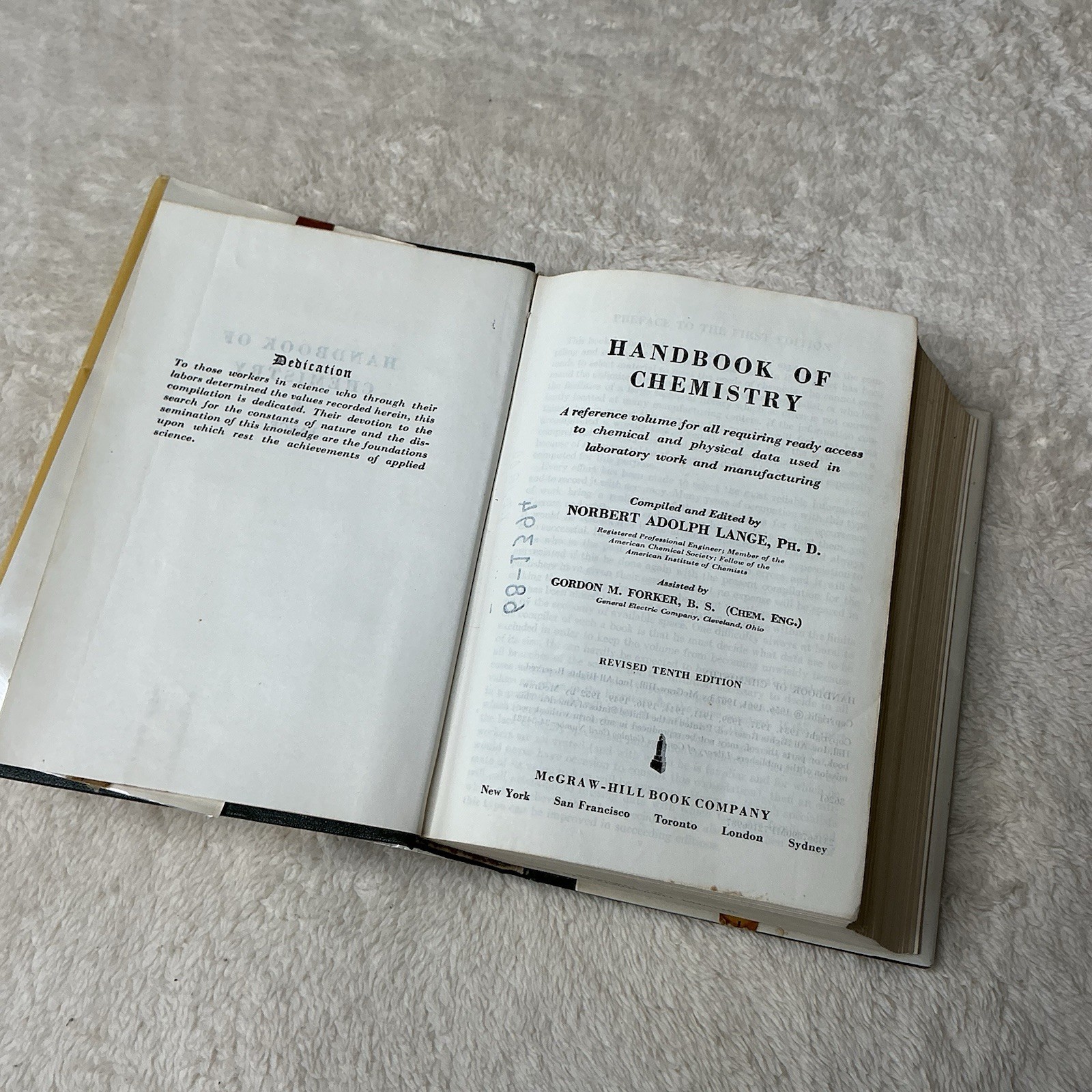 Lange&rsquo;s Handbook of Chemistry Revised 10th Edition by N.A. Lange 1967, Hardcover