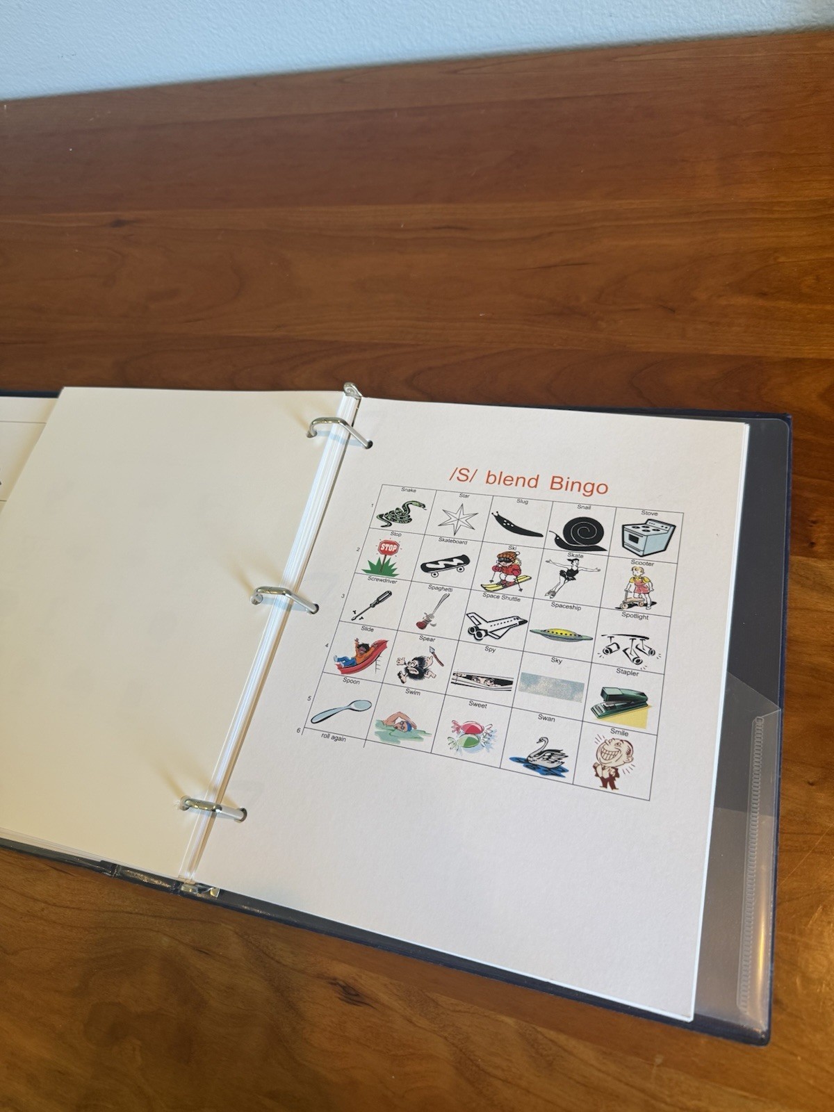 Speech therapy materials for S blends, color printed on cardstock, 3 ring binder
