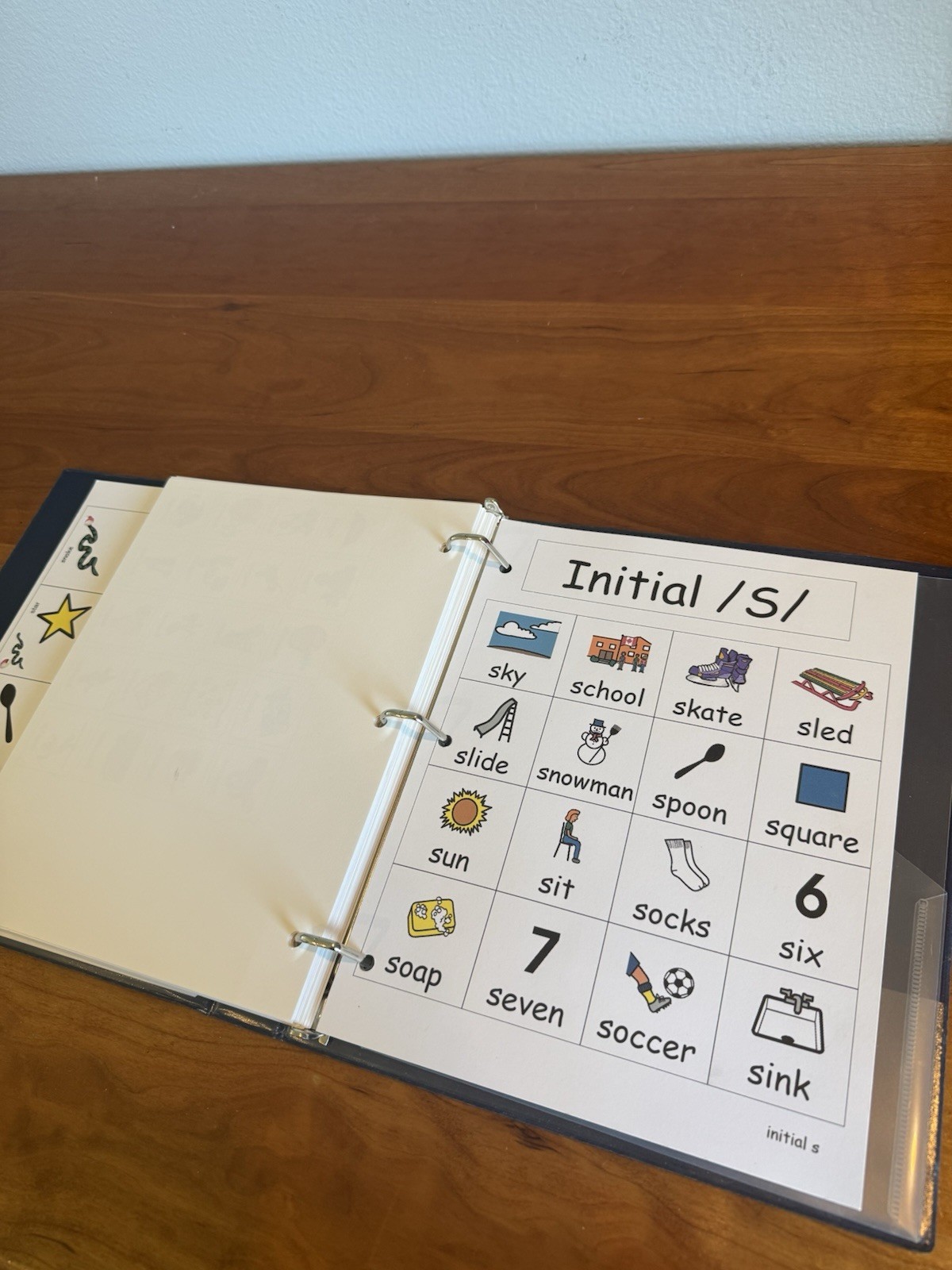 Speech therapy materials for S blends, color printed on cardstock, 3 ring binder