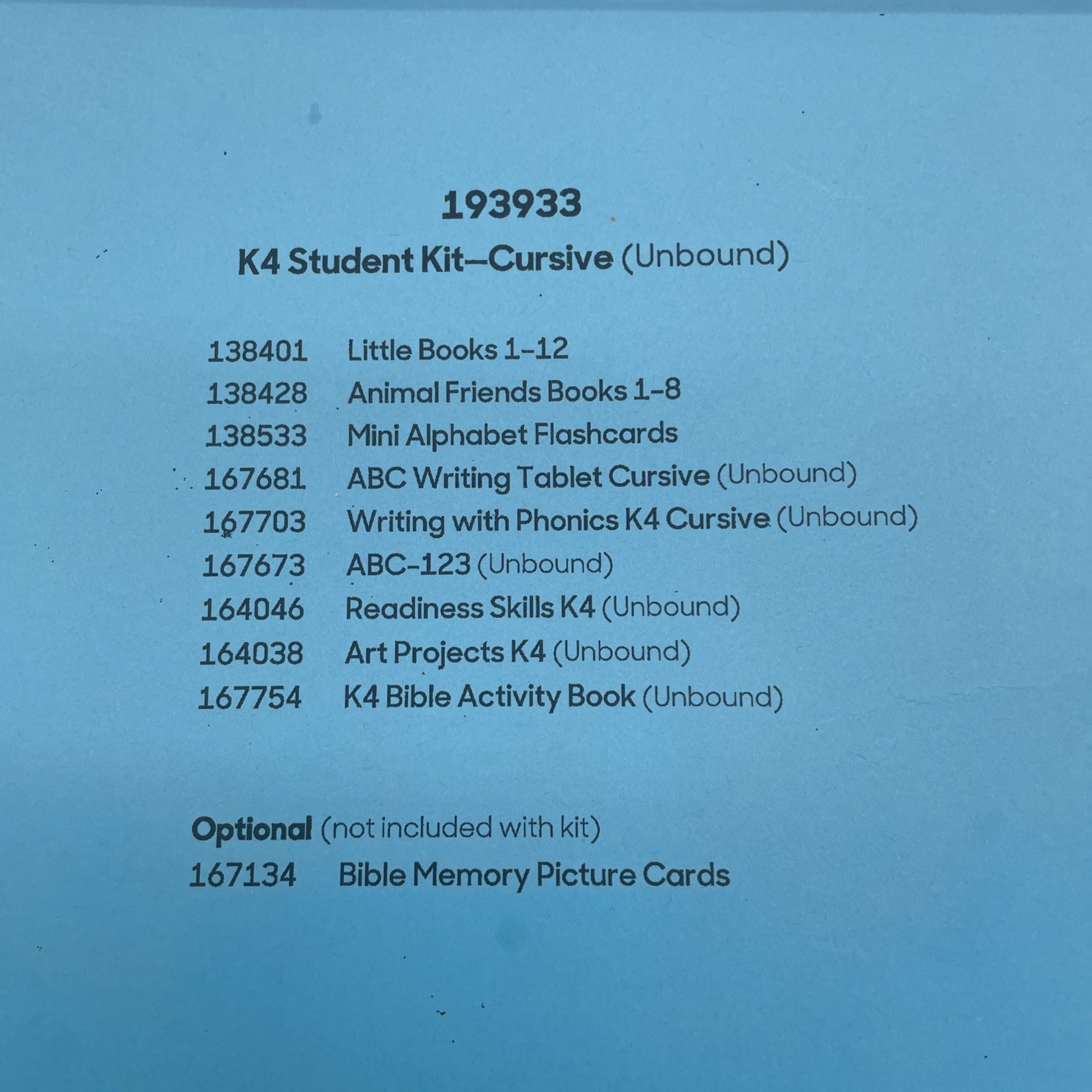 Abeka K4 Student Kit Cursive Unbound – All New Sealed