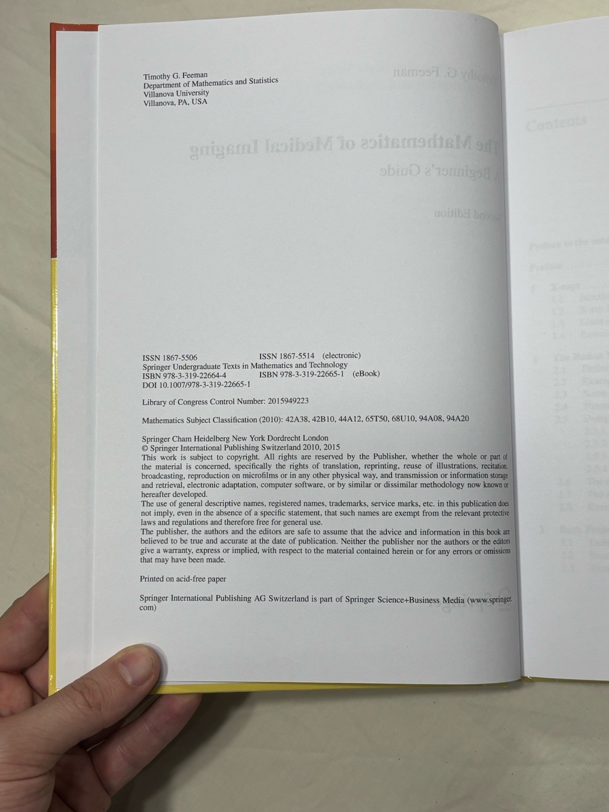 Springer Mathematics of Medical Imaging Beginner&rsquo;s Guide 2nd Ed 2015 Hardcover