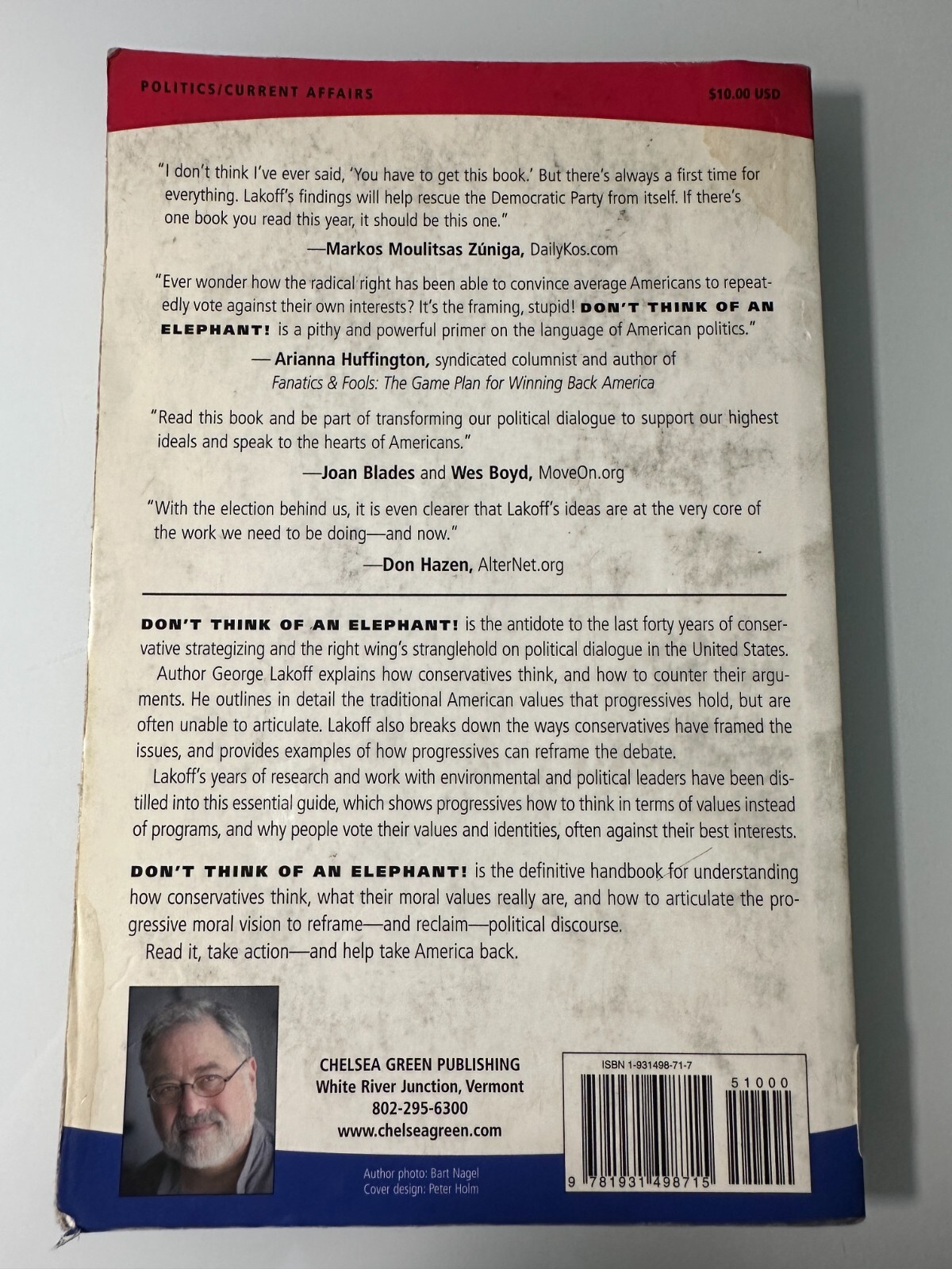 Don&rsquo;t Think of an Elephant by George Lakoff Paperback Nonfiction Politics Book