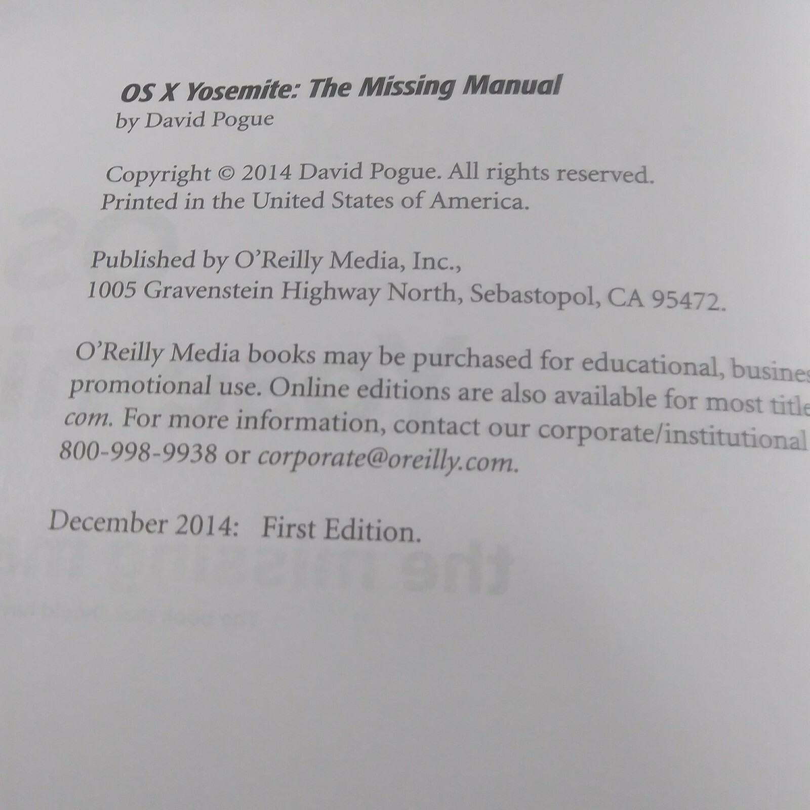 O&rsquo;Reilly OS X Yosemite: The Missing Manual By David Pogue 2017 Computer Tech