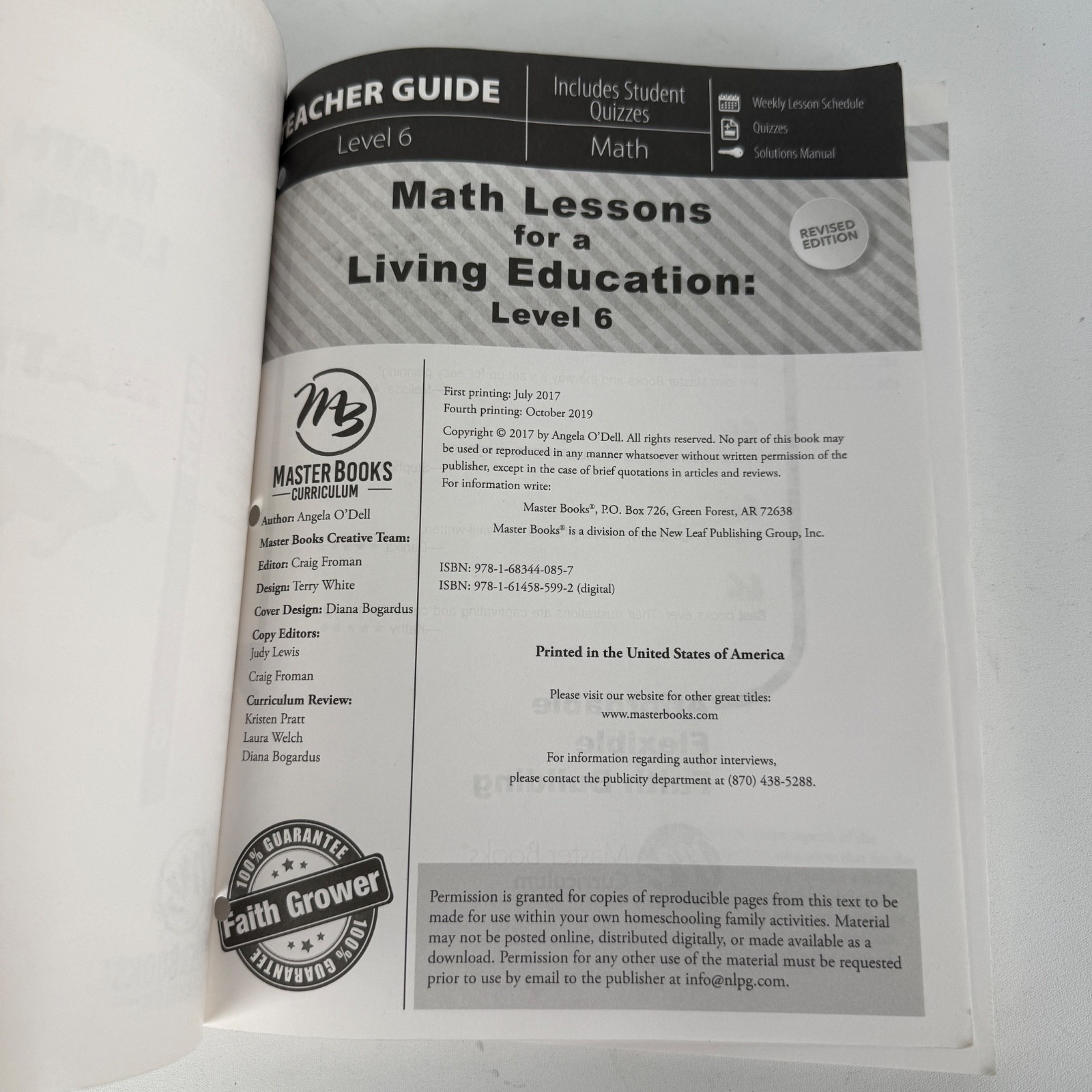Master Books Math Level 6 Teacher Guide Revised Edition Ring/Wire Bound
