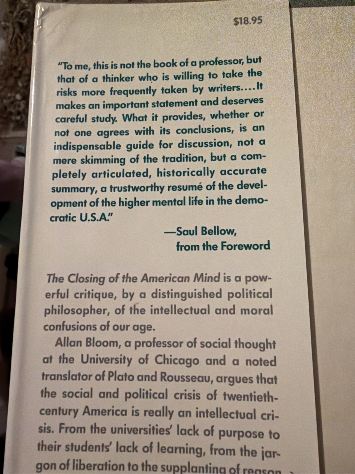 Closing of the American Mind by Allan Bloom (1987, Hardcover DJ)