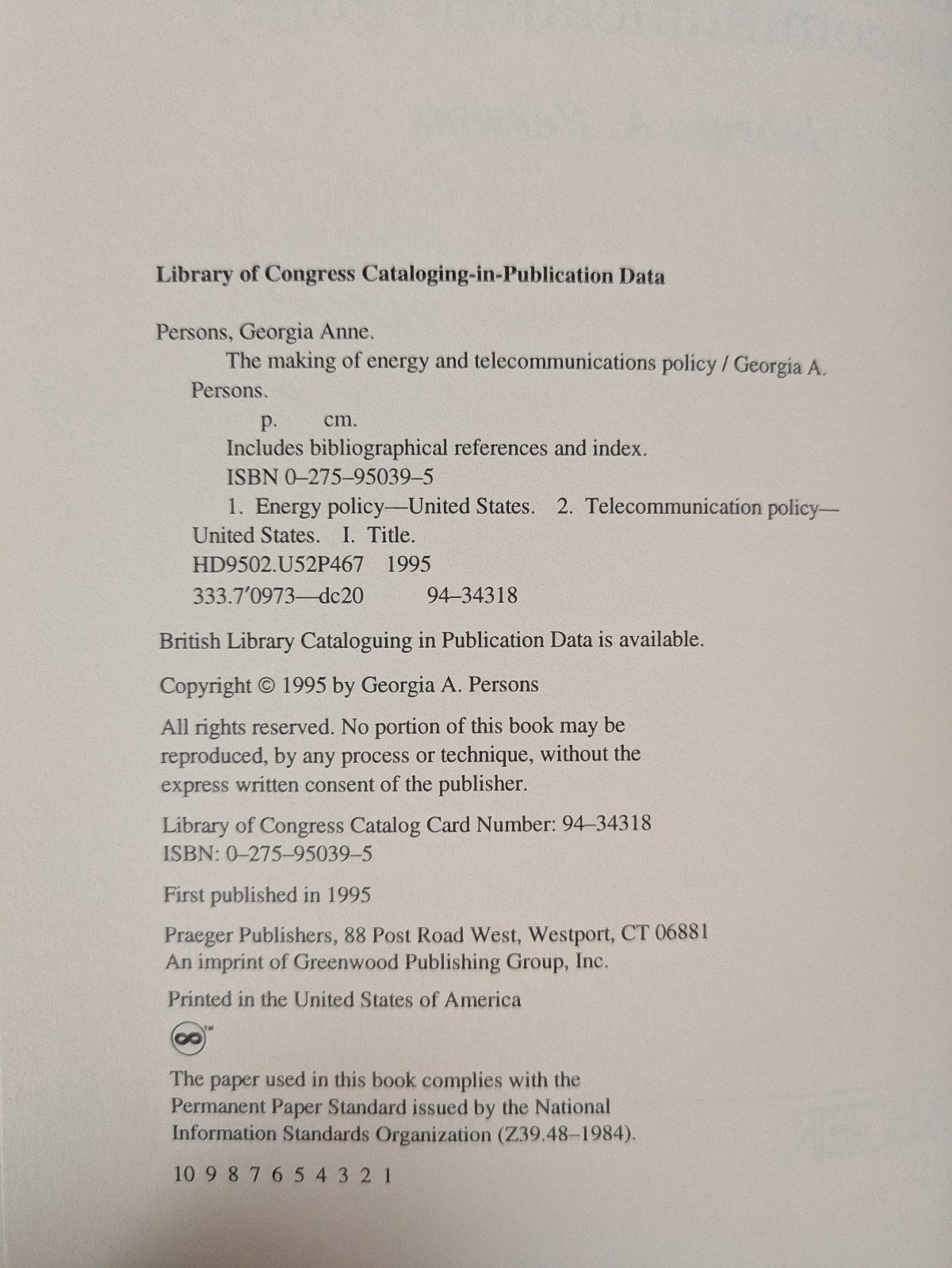 Making of Energy and Telecommunications Policy | Georgia Persons | 1995 HC