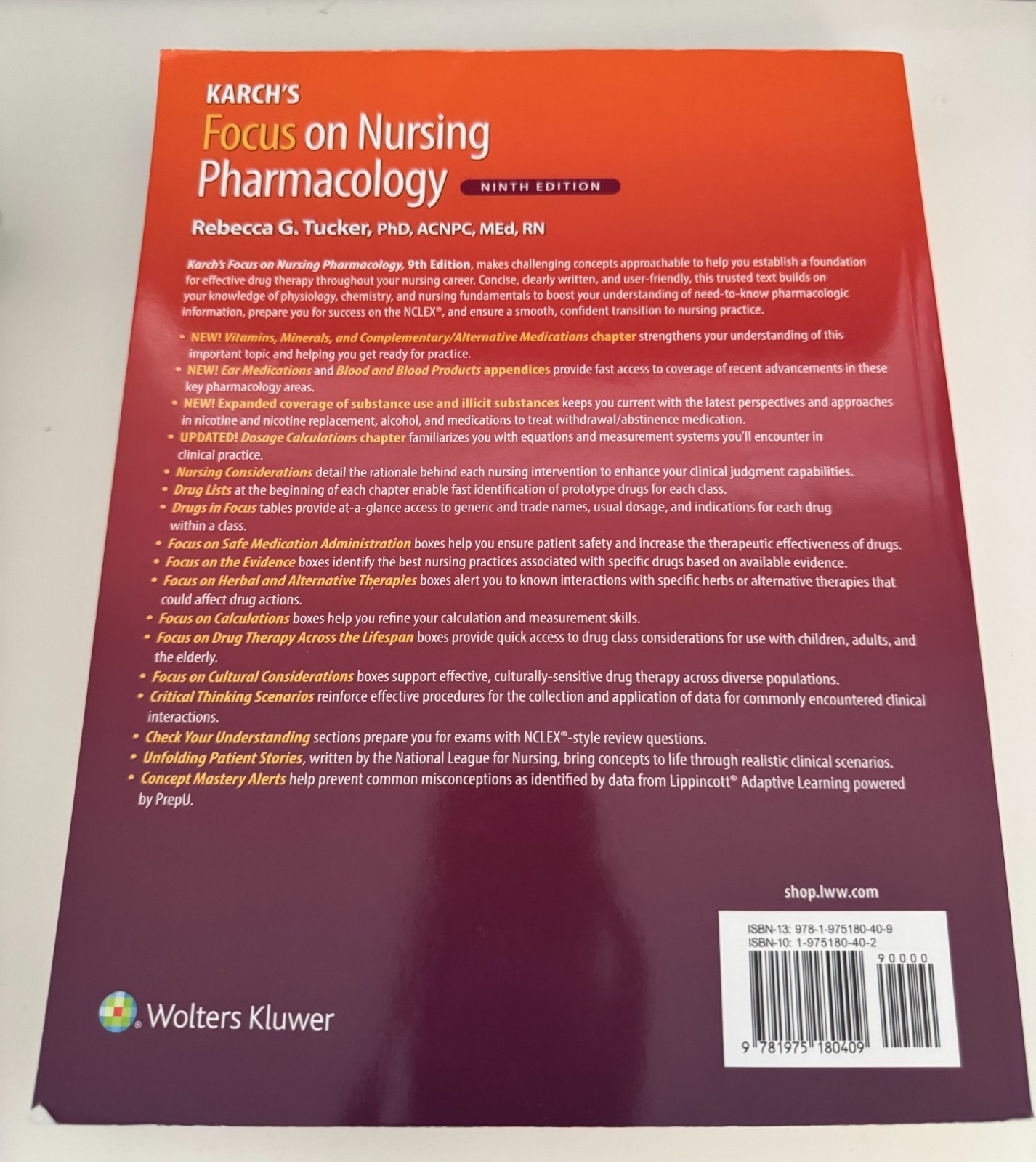 Karch’s Focus on Nursing Pharmacology (9th Edition) LIKE NEW