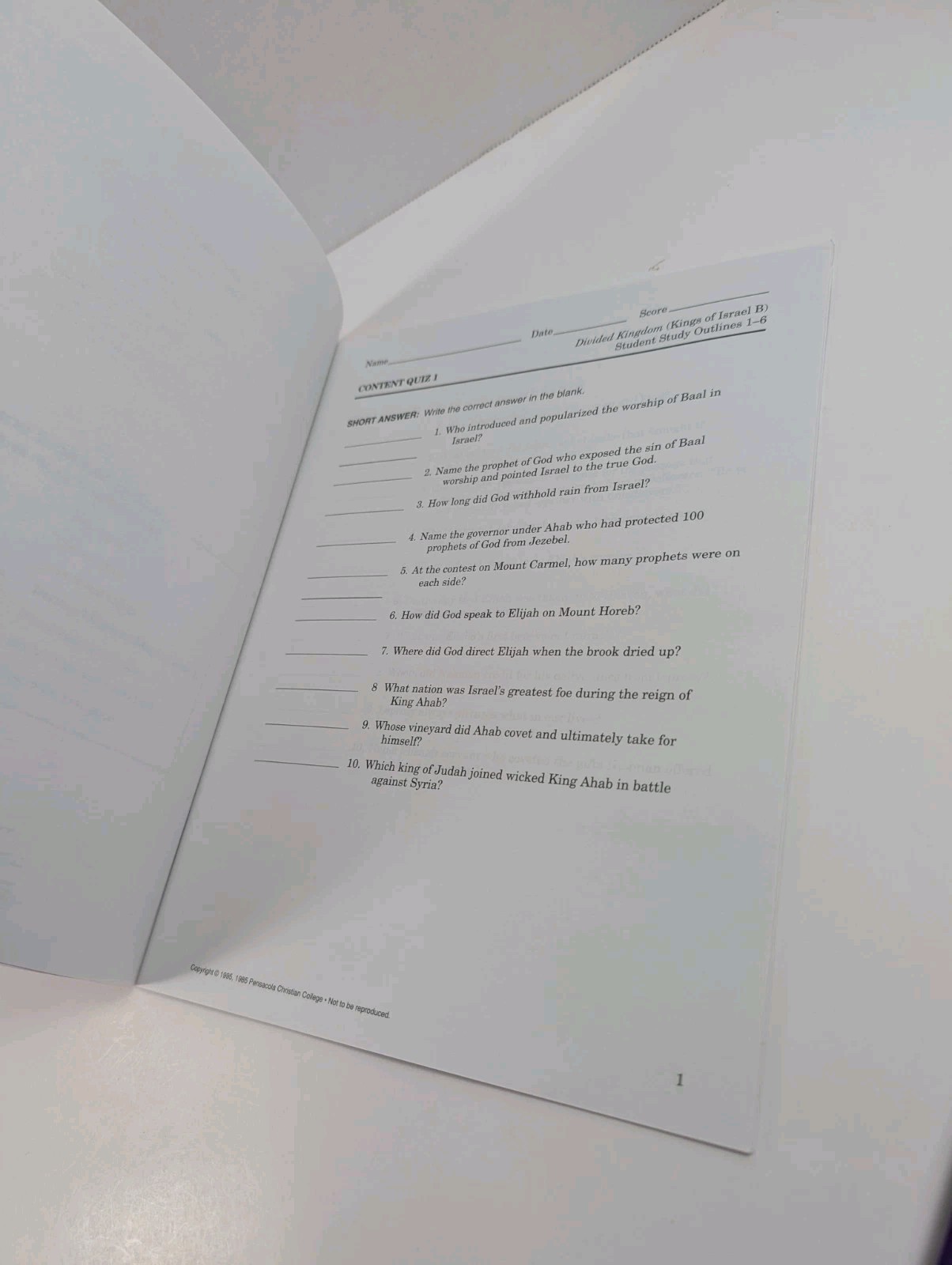 ABeka Divided Kingdom Kings of Israel B Student Outline Tests/Quiz & Teacher Key