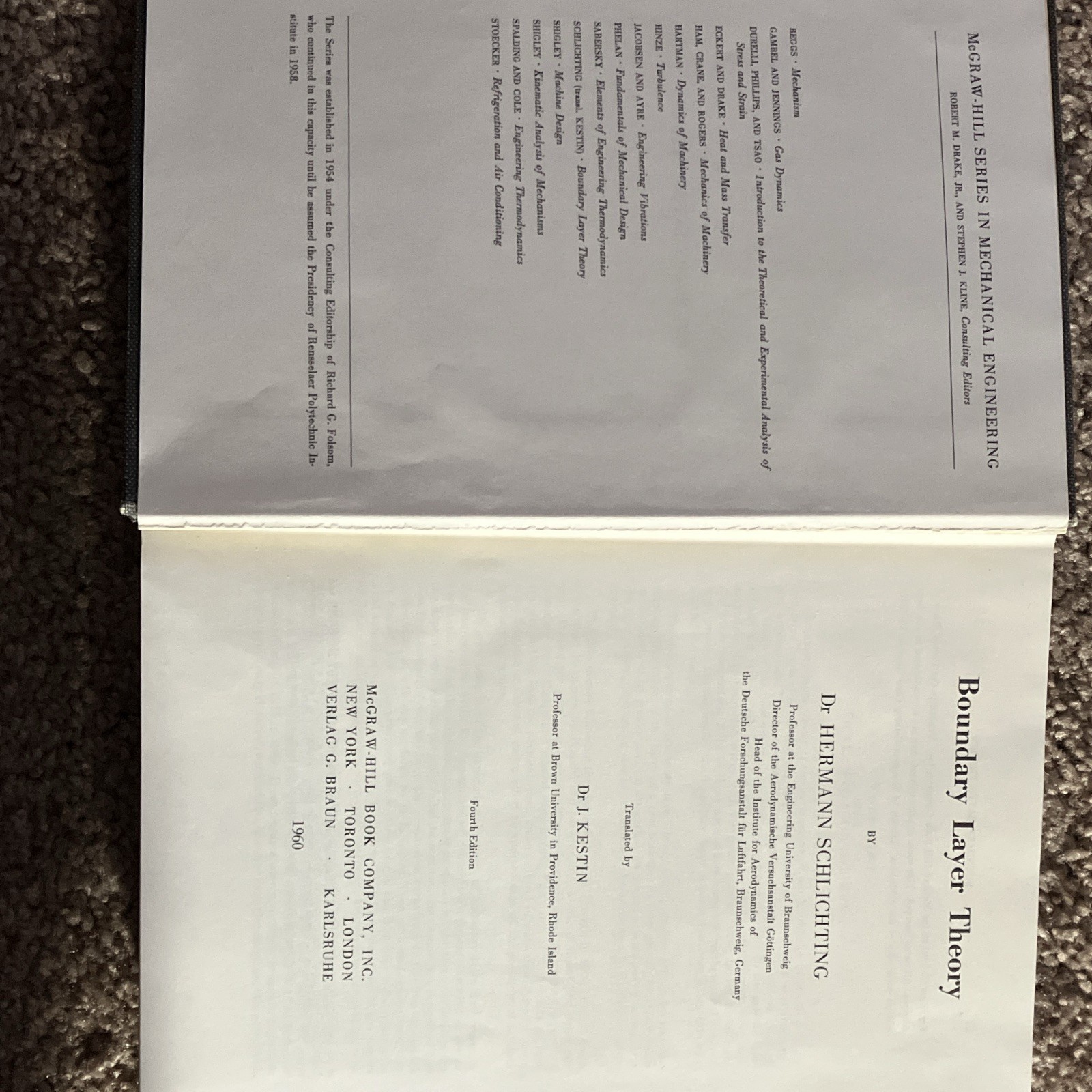 McGraw-Hill Boundary Layer Theory 4th Ed HC Hermann Schlichting 1960 MPN