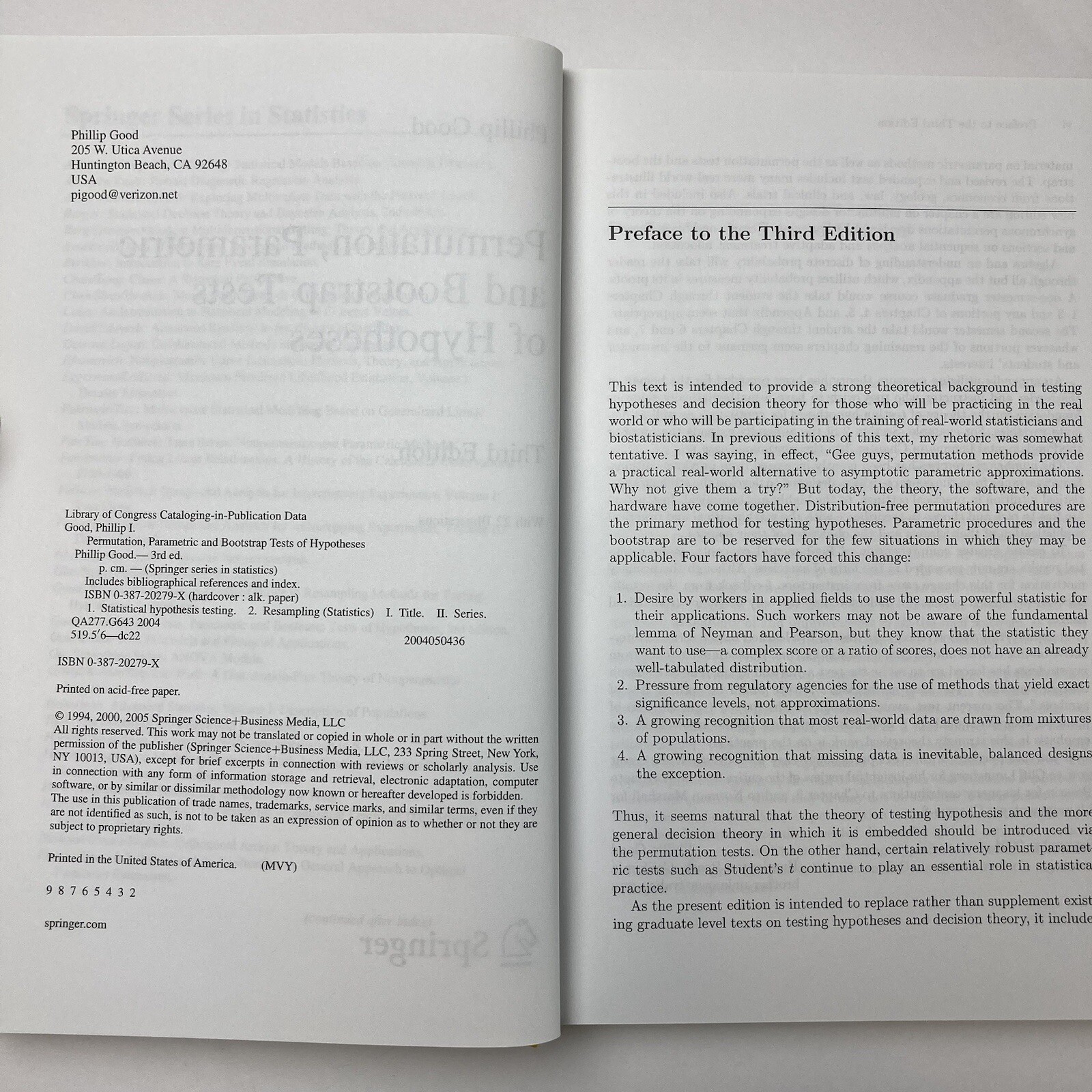 Permutation Parametric & Bootstrap Tests of Hypotheses Good Springer Hardcover