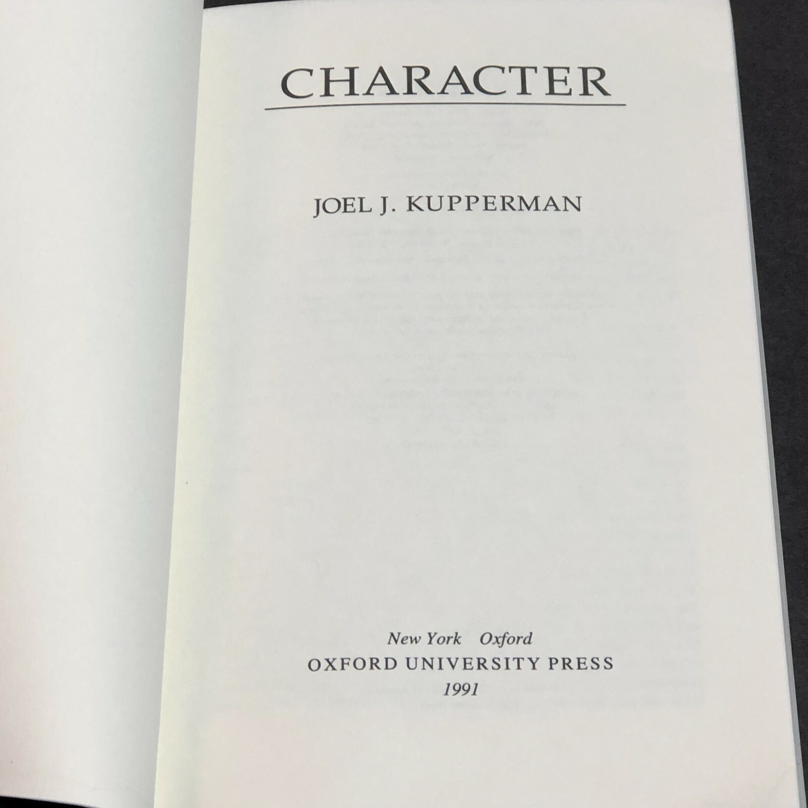 Character by Joel J. Kupperman 1995 Trade Paperback College University Textbook